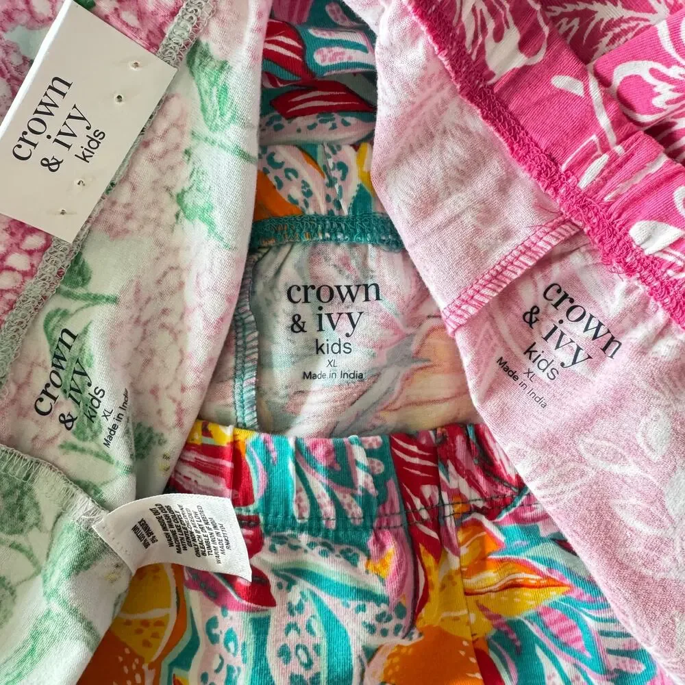 Crown & Ivy Lot of 3 Girls X-Large Pants Floral Stretch Elastic Waist Pull-On